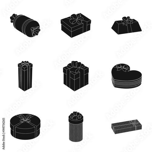 A set of pictures gifts. Gifts for different holidays, surprises. Gift packaging.Gifts and cert icon in set collection on black style vector symbol stock illustration.