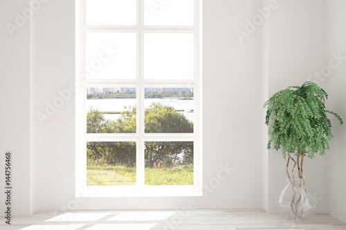 Fototapeta Naklejka Na Ścianę i Meble -  White room with sofa and green landscape in window. Scandinavian interior design. 3D illustration