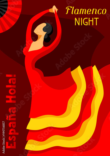 Traditional spanish flamenco. Woman in red dress is dancing