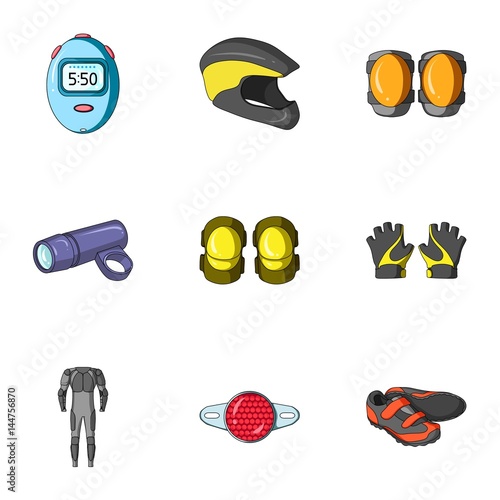 Icons of Cycling, bike. Set for bike, backpack protection, repair, form. Cyclist outfit icon in set collection on cartoon style vector symbol stock illustration.