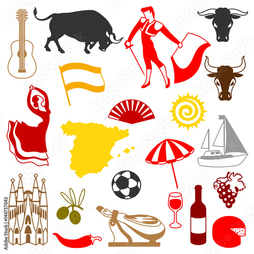 Spain icons set. Spanish traditional symbols and objects