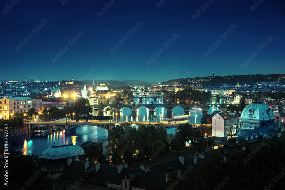 Bridges at night, Prague, Czech Republic