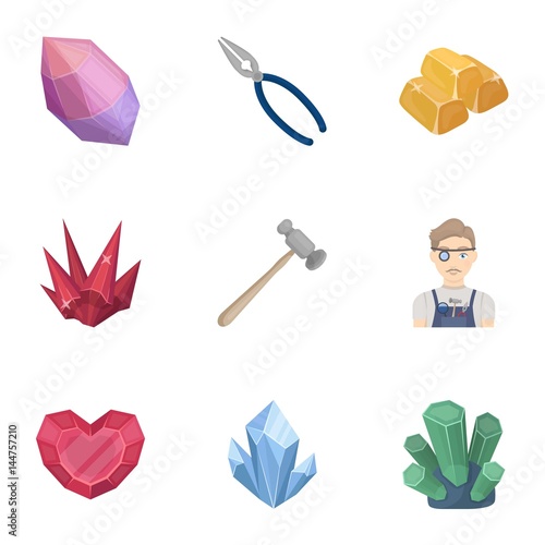 A set of jewelry, crystals, minerals and expensive metals. The jeweler inspects the ornaments.Precious minerals amd jeweler icon in set collection on cartoon style vector symbol stock illustration.
