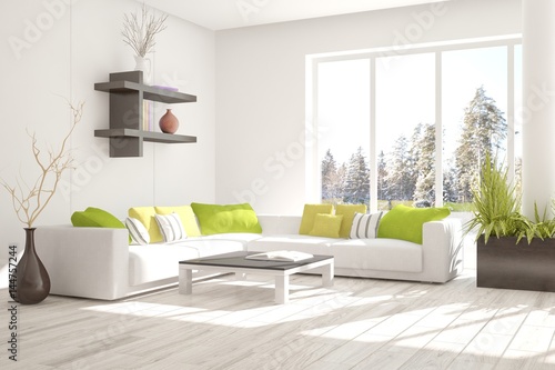 Fototapeta Naklejka Na Ścianę i Meble -  White room with sofa and winter landscape in window. Scandinavian interior design. 3D illustration