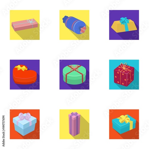 A set of pictures gifts. Gifts for different holidays, surprises. Gift packaging.Gifts and cert icon in set collection on flat style vector symbol stock illustration.