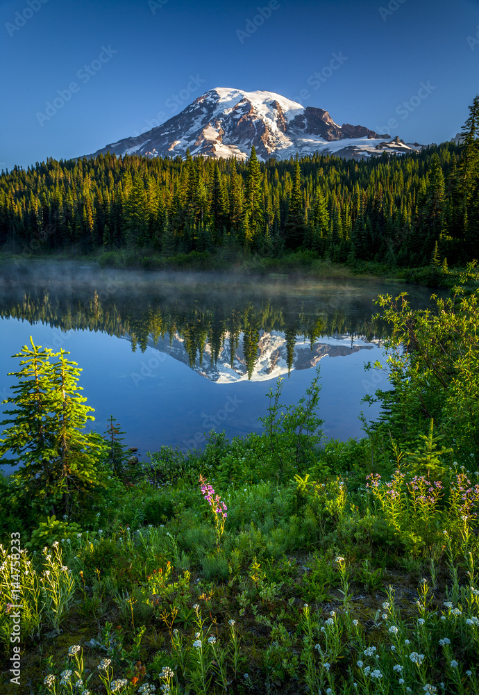 Mountain reflected in lake with wildflowers