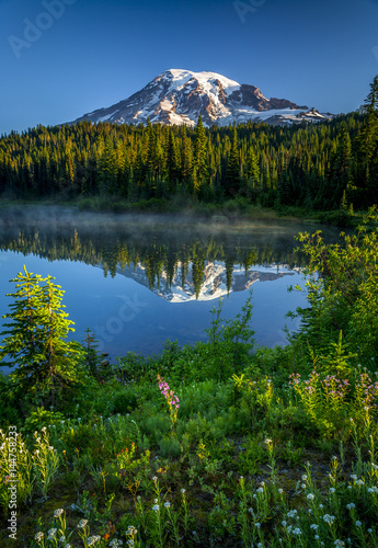 Mountain reflected in lake with wildflowers