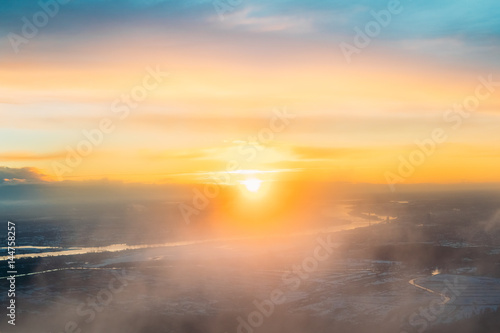 Sunset Sunrise Over Earth. Aerial View From High Altitude Flight