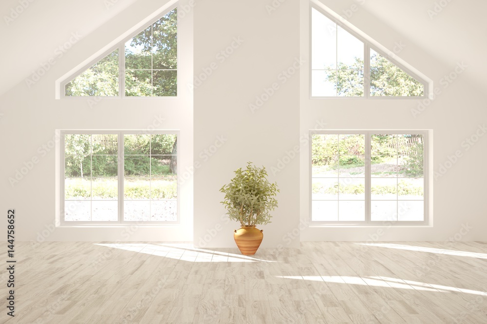 Fototapeta premium White empty room with summer landscape in window. Scandinavian interior design. 3D illustration