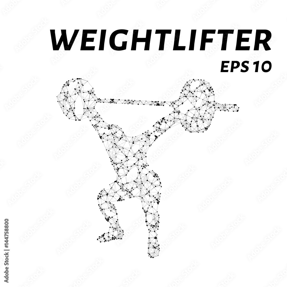 Weightlifting consists of points, lines and triangles. The polygon shape in the form of a silhouette weightlifter on a white background. Vector illustration. Weightlifting consists of points, lines and triangles. The polygon shape in the form of a silhouette weightlifter on a white background. Vector illustration.
