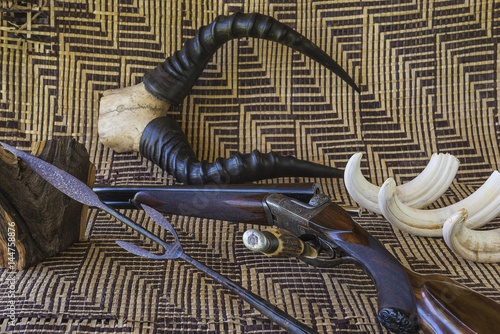 Photography safari in africa still life/american carbine, antlers, rhino tasks, lancer on ma