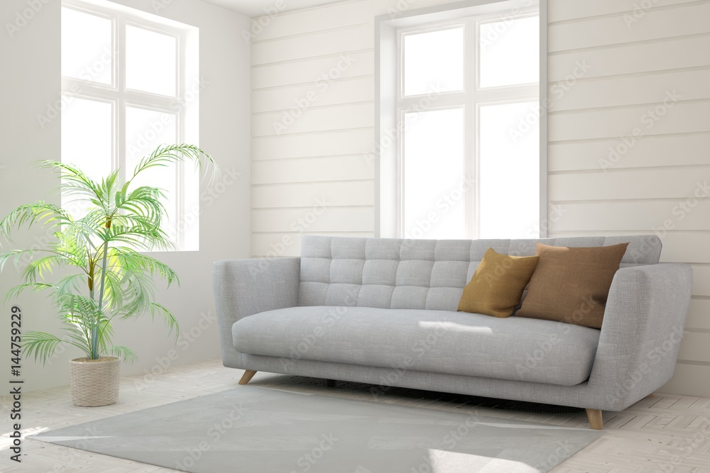 Fototapeta premium White modern room with sofa. Scandinavian interior design. 3D illustration