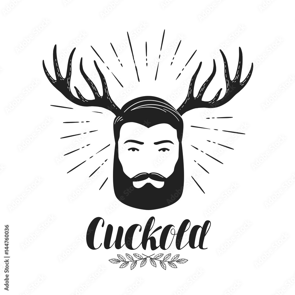 Cuckold, icon or symbol. Bearded man with horns, label. Lettering vector  illustration Stock Vector | Adobe Stock