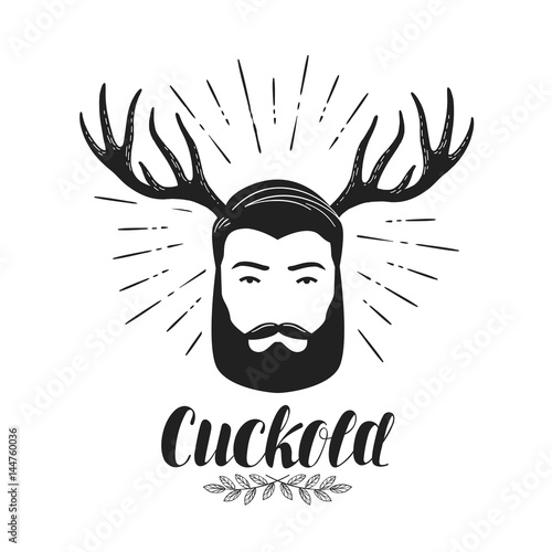 Cuckold, icon or symbol. Bearded man with horns, label. Lettering vector illustration