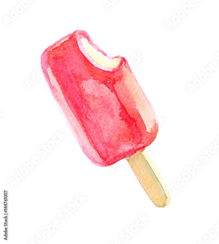 Ice cream on stick on white background. Covered with red frosting. Watercolor illustration