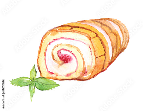 Sweet roll cake with raspberry, isolated on white background, watercolor illustration