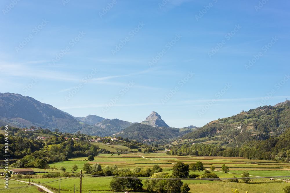 Foothills of the National Park Los Picos de Europa seen from the province and autonomous community Cantabria in the north of Spain. Agriculture and farming determine the the picture of the country