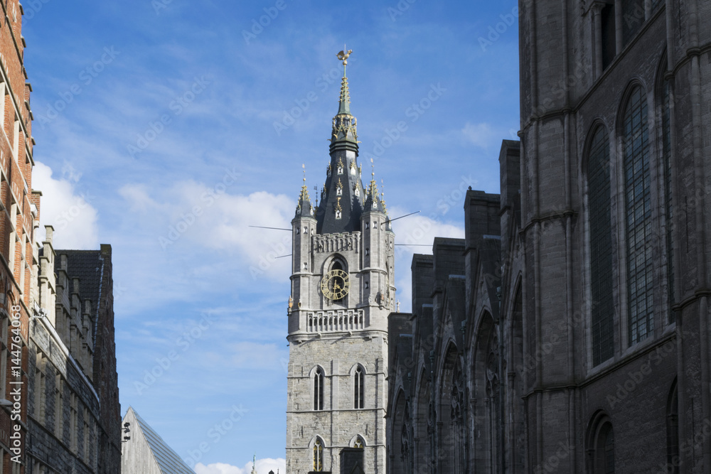 View on the Belfry of Gent in the city center in the beginning of spring. Gent, Belgium.