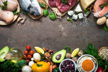 Balanced diet. Organic food for healthy nutrition. Top view copy space.