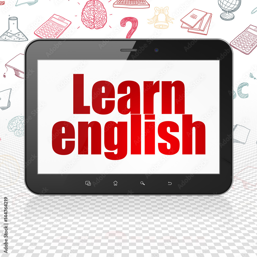 Studying concept: Tablet Computer with Learn English on display Studying concept: Tablet Computer with Learn English on display