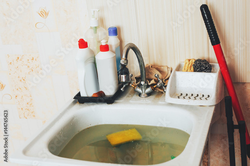 Fotografie Clog in kitchen sink, obstruction of water, clog pipes