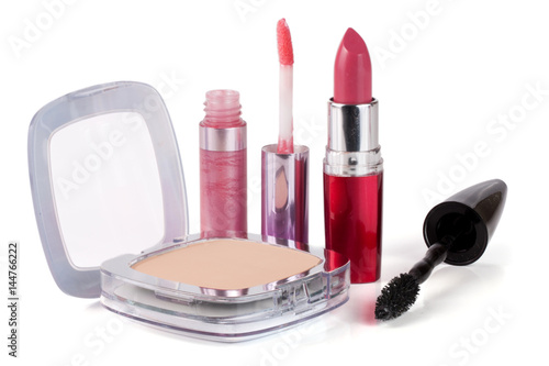 Make-up powder, lipstick, lip gloss and mascara isolated on white background
