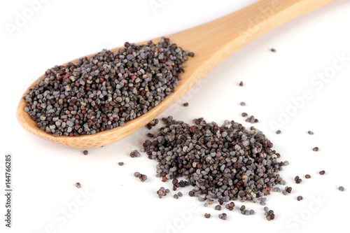poppy seeds in a wooden spoon isolated on white background