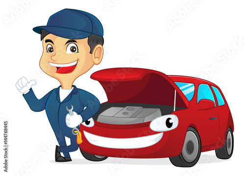 Mechanic holding wrench leaning on car