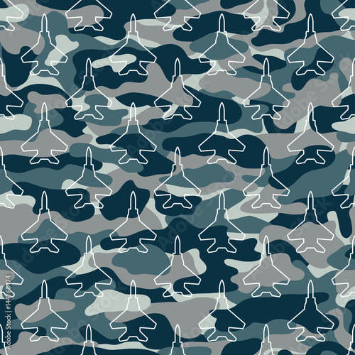 seamless pattern with jet fighters on camouflage background