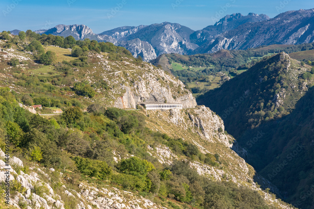 Crossing woodland and mountain pasture, to discover the nature of  the foothills of the National Park Los Picos de Europa. In the background, peaks of the famous limestone mountain range