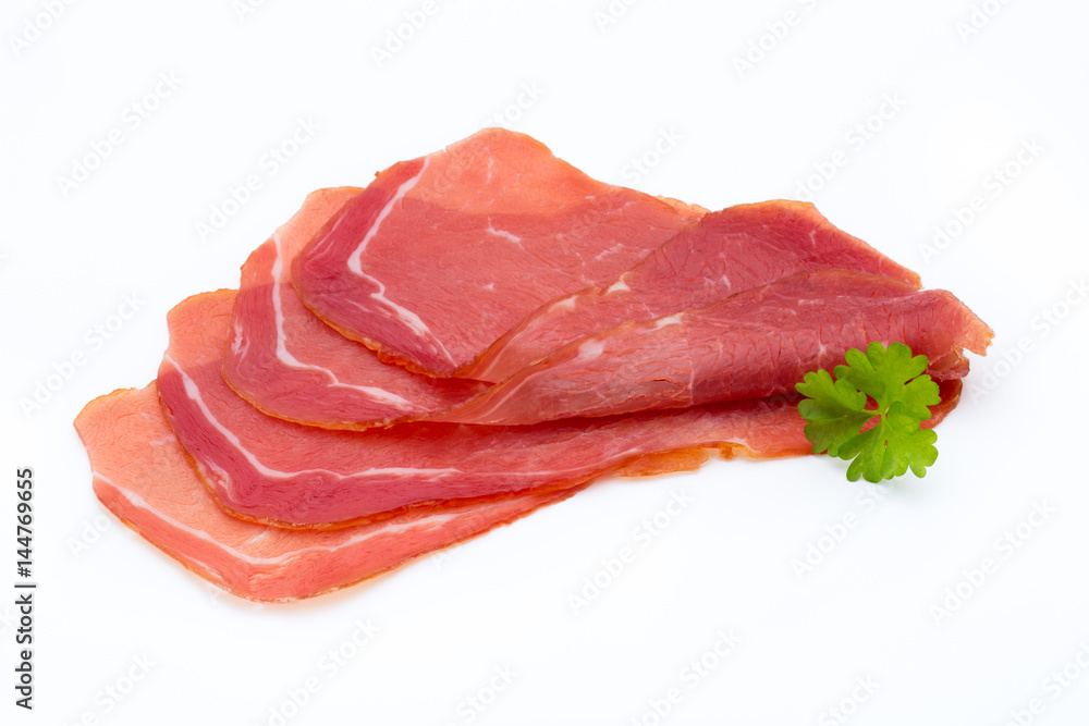Pork ham slices isolated on white background.