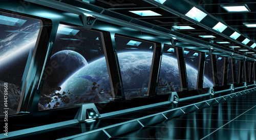 Fototapeta Naklejka Na Ścianę i Meble -  Spaceship corridor with view on distant planets system 3D rendering elements of this image furnished by NASA