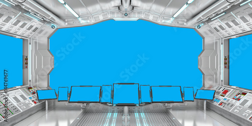 Fototapeta Naklejka Na Ścianę i Meble -  Spaceship interior with view on blue windows 3D rendering