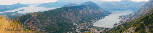 Bay of Kotor with bird s-eye view. The town of Kotor  Muo  Prcanj  Tivat. View of the mountains  sea  clouds