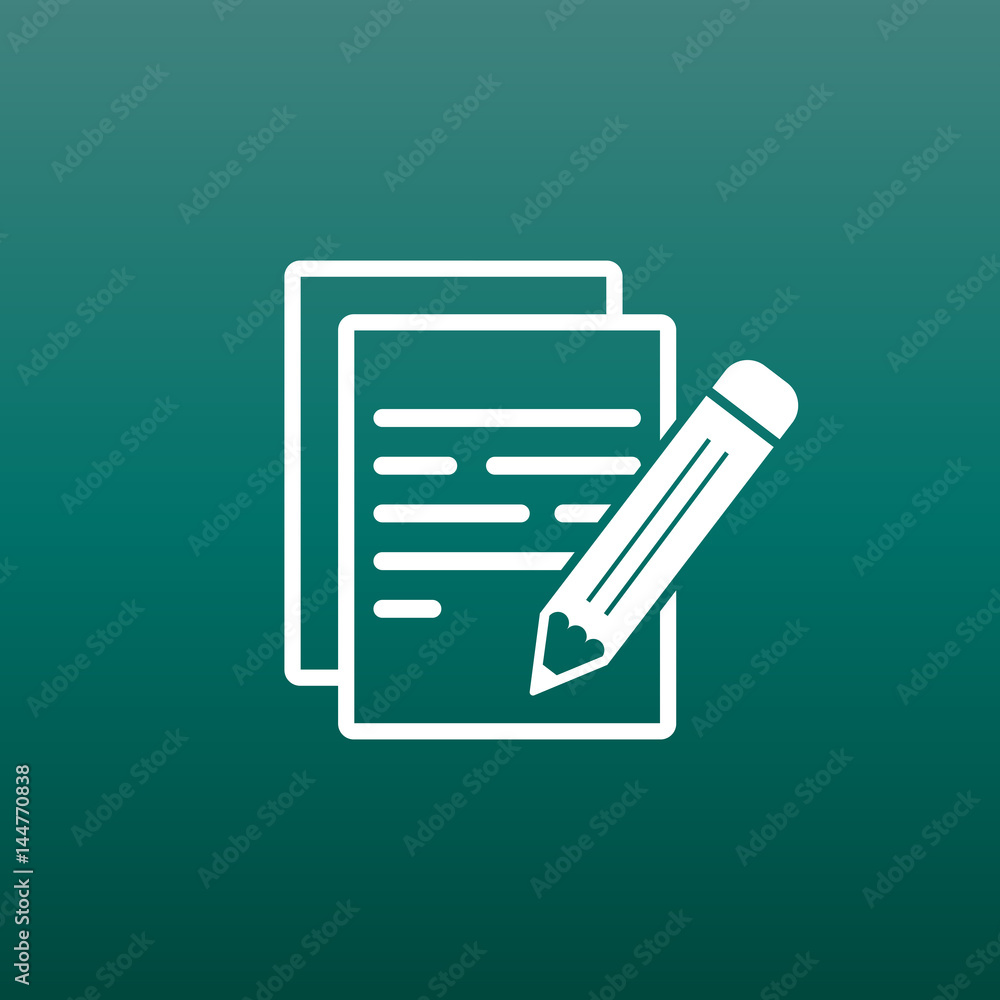 Document with pencil pictogram icon. Simple flat illustration for business, marketing internet concept on green background. Trendy modern vector symbol for web site design or mobile app Document with pencil pictogram icon. Simple flat illustration for business, marketing internet concept on green background. Trendy modern vector symbol for web site design or mobile app