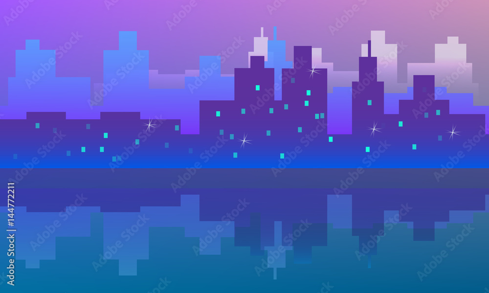 Vector drawn cityscape with reflection at night.