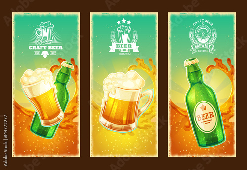 Set of vector isolated cartoon banners with beer glasses and glass bottle. Excellent advertising posters