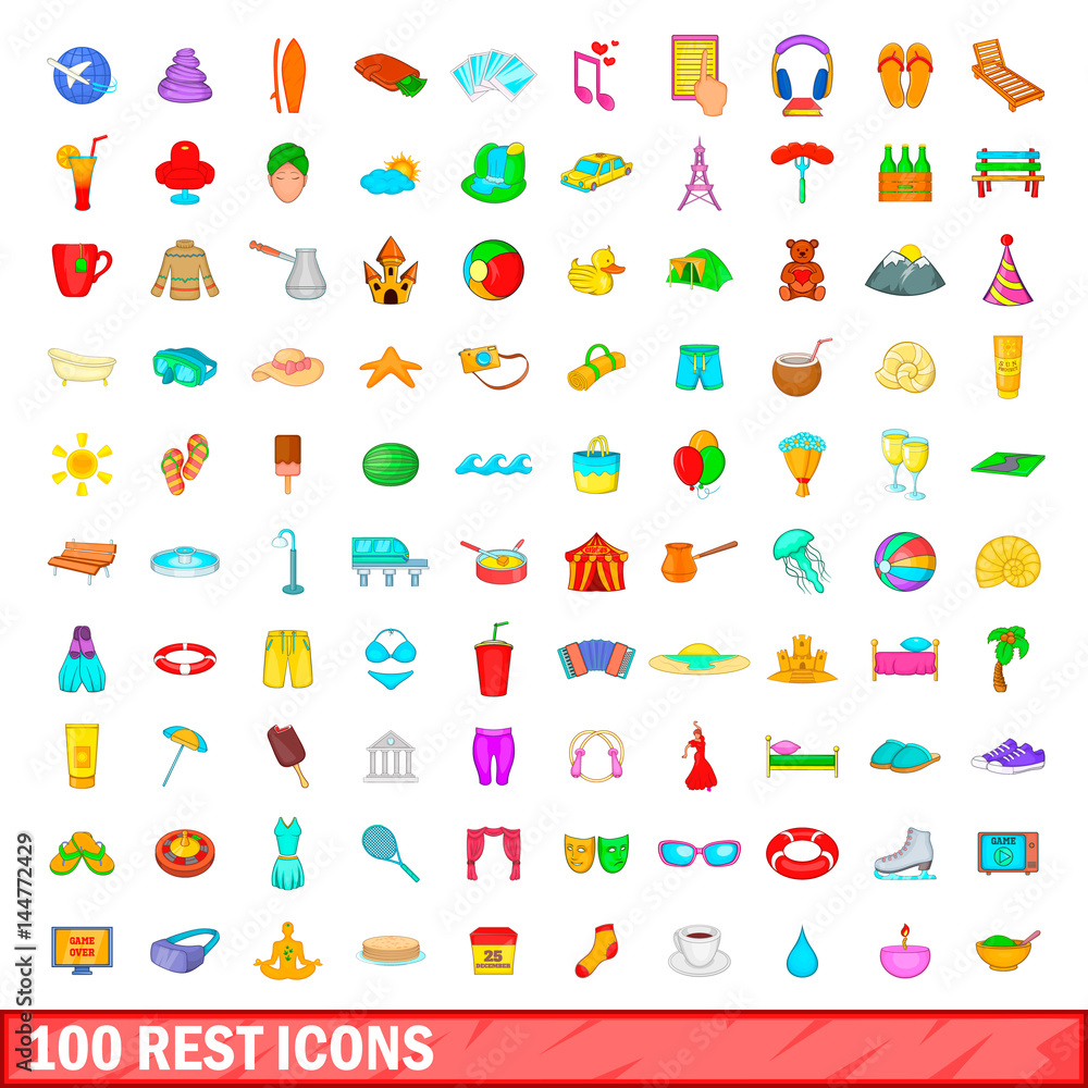 100 rest icons set, cartoon style 100 rest icons set, cartoon style