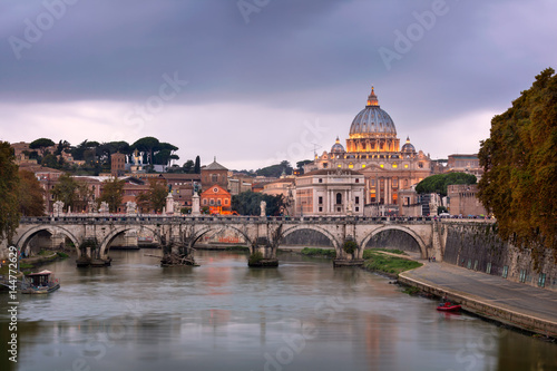 Tiber River and Saint Peter Cathedral in the Evening  Rome  Italy