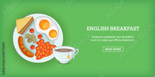 English breakfast banner horizontal, cartoon style