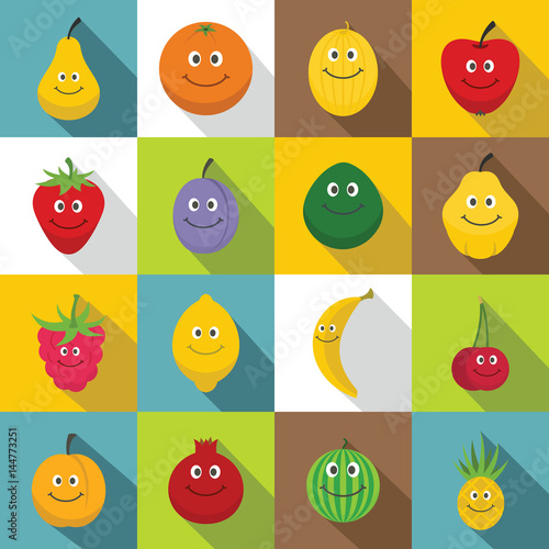 Smiling fruit icons set  flat style