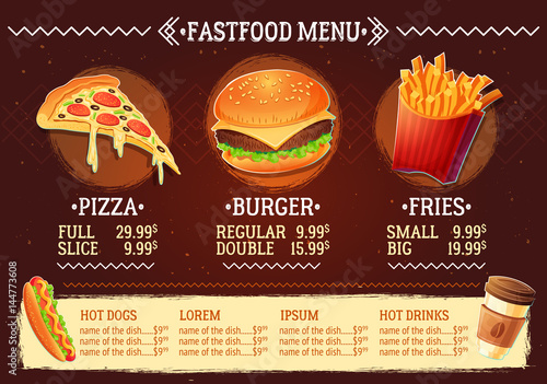 Vector cartoon illustration of a design fast food restaurant menu. Cartoon creative template, flyer, brochure.