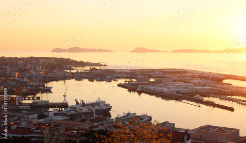 beautiful golden sunset in Vigo city in Spain, the longest city of Galicia