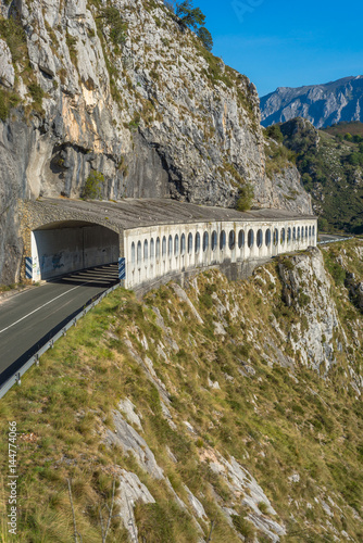 Avalanche gallery on the road to the National Park Picos de Europa. The street cross the foothills of the protected landscape from Cantabria to Asturia in the north of the famous limestone mountains