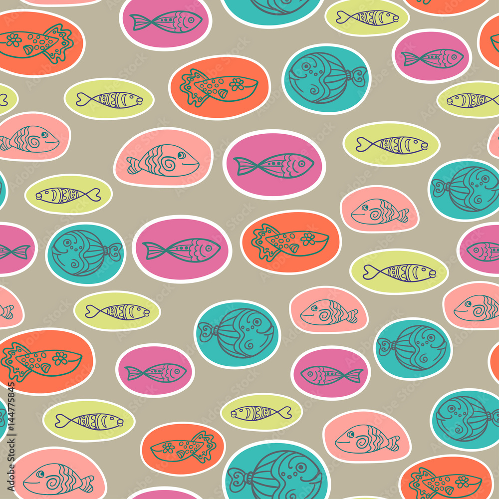 seamless pattern with hand drawn funny sketch style fishes in bubbles. Decorative endless marine background. Fabric design.