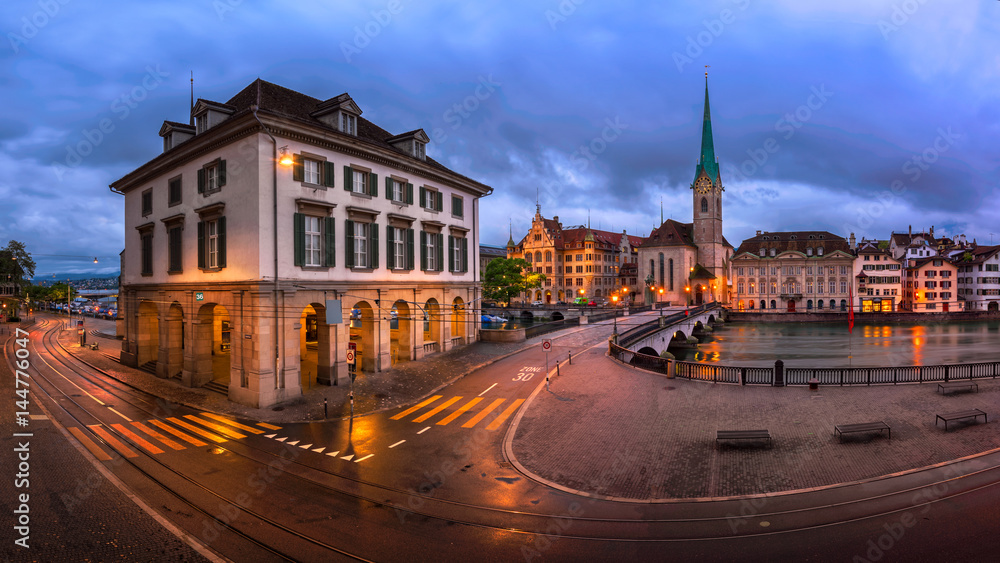 Panorama of Helmhaus and Fraumunster Church in the Morning, Zurich, Switzerland