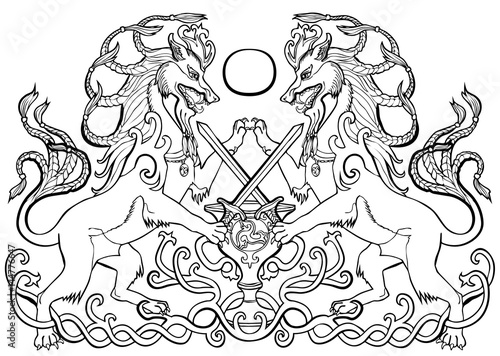 Vector illustration of fantasy animals sword fight about bowl Celtic ornament black and white