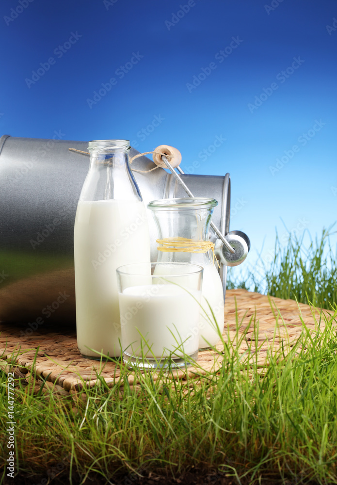 fresh milk in glass jug and glass on fresh green grass fresh milk in glass jug and glass on fresh green grass
