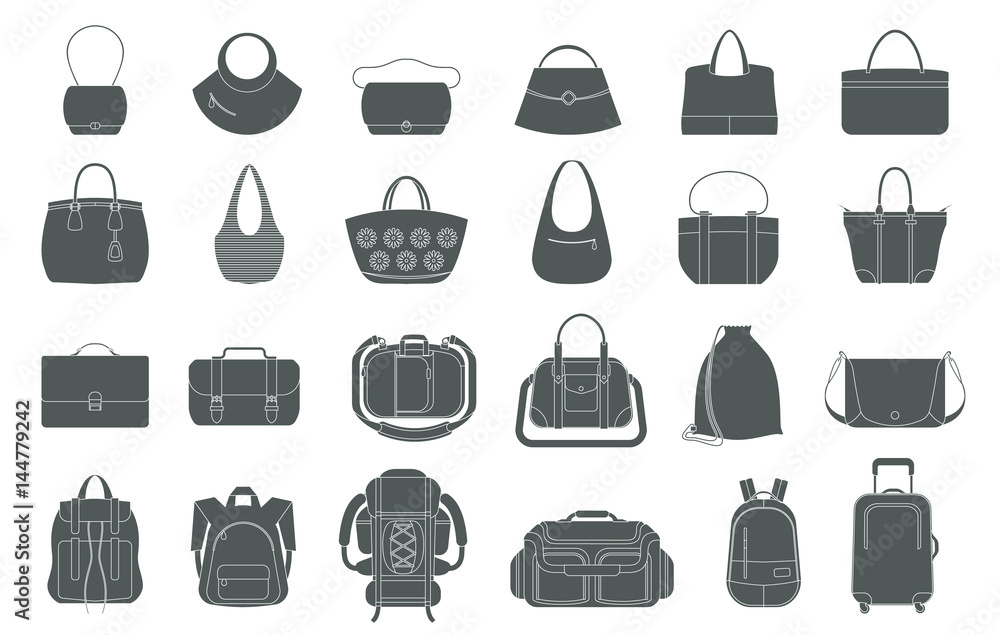 Vecteur Stock Set of icons of bags and luggage. Various types of bags  ranging from elegant, sports, business and travel bags. | Adobe Stock