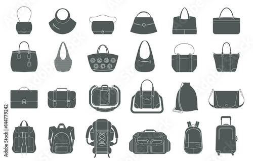 Set of icons of bags and luggage. Various types of bags ranging from elegant, sports, business and travel bags. photo